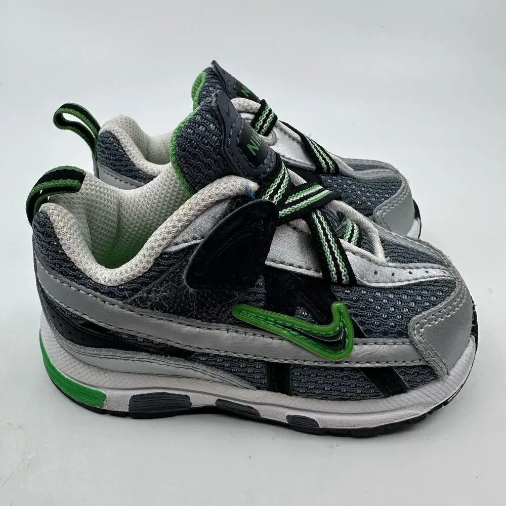 Nike T Run 2 Sneakers Gray Green Black Kids 10C 336468-002 Running Sporty Play